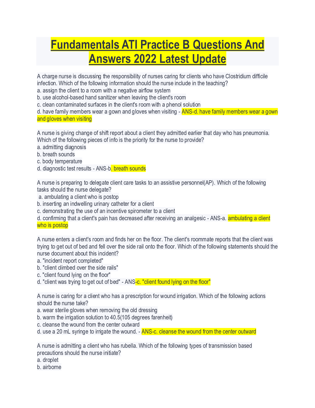 Preview of Fundamentals ATI Practice B Questions And  Answers 2022 Latest Update